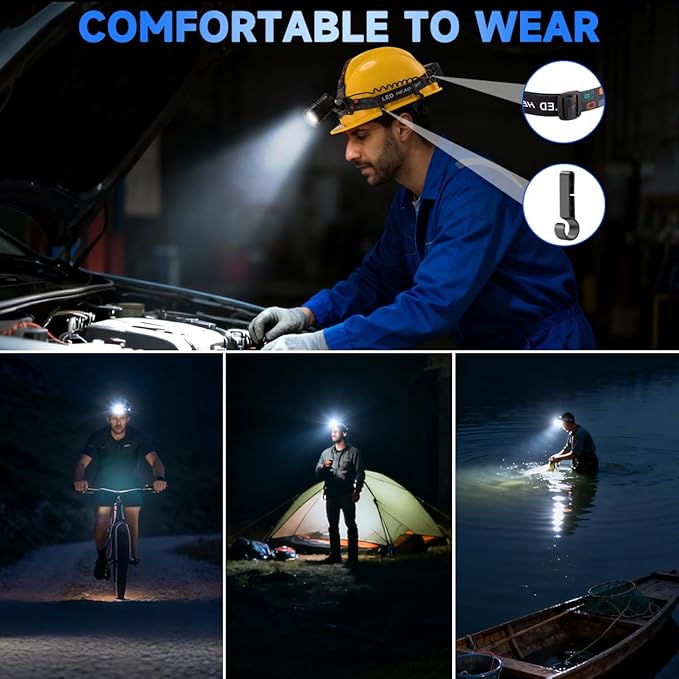 Rechargeable Headlamp High Lumen, 3000L Super Bright Head Lamp, 90° Rotatable Head Lights for Forehead, Adjustable Focus Headlight Flashlight, 4Modes LED Headlamps for Adults Hardhat Camping (2Pack)