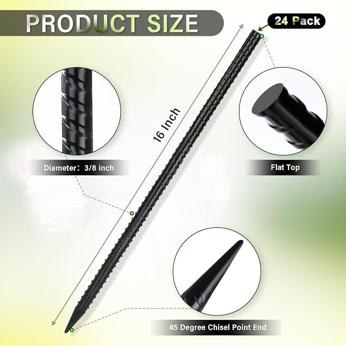 Gbekery 16 Inches Rebar Stakes(24pcs) Heavy Duty Straight Metal Ground Anchors with Chisel Point Ends for Timber,Concrete,Plant Support,Camping Tents,3/8 Inch Thickness Garden Stakes,Black