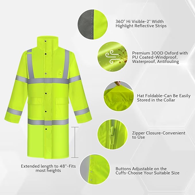 TCCFCCT Hi Vis Rain Coat for Men & Women - Waterproof Jacket with Hood, Heavy Duty for Safety Work & Outdoor Activities, 3XL Yellow