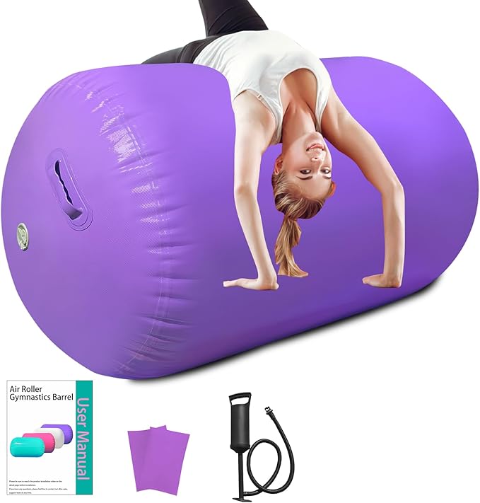 Air Roller Gymnastics Barrel, Inflatable Tumbling Equipment for Girls, Back Handspring & Backbend Trainer Mat for Cheerleading & Home Practice (Includes Manual Air Pump)