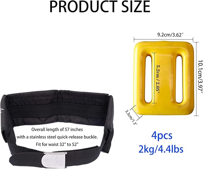 Vinyl Coated Diving Weights-4pcs 1.1-4.4 lbs Dive Weights with 4 Pocket Scuba Weight Belt with Quick Release Buckle,Used for Freediving, Spearfishing & Scuba Diving-Fit for Waist 32" to 52"