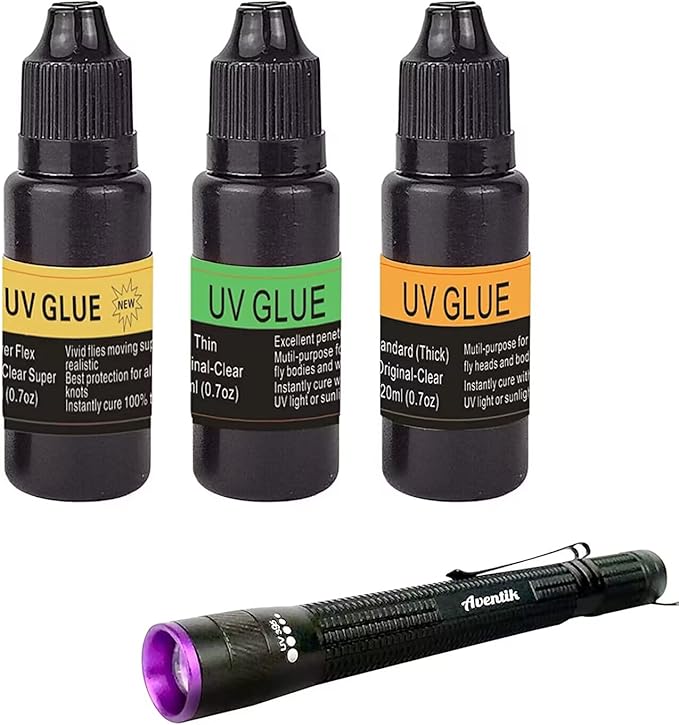 EUPHENG Fly Tying UV Resin Three Formula Thick,Thin and Super Flex Fly Tying Head Cement Fly Tying Glue for Building Flies Heads Bodies and Wings and Gluing Eyes