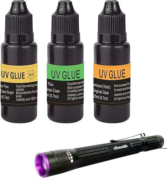 EUPHENG Fly Tying UV Resin Three Formula Thick,Thin and Super Flex Fly Tying Head Cement Fly Tying Glue for Building Flies Heads Bodies and Wings and Gluing Eyes