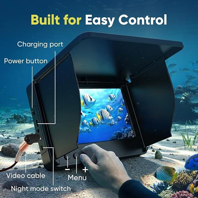 Underwater Fishing Camera with 5" IPS Monitor, 98ft Cable, 12 IR LEDs, IP68 Waterproof, 8000mAh Rechargeable for Ice Fishing, Lake, Dock & Boat Use