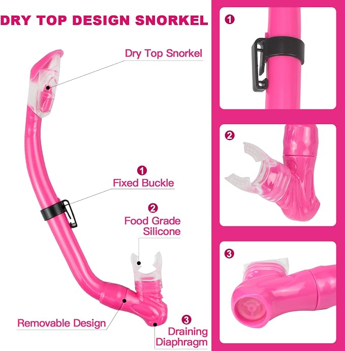 Kids Snorkeling Set - Adjustable Flippers + Panoramic Snorkel Mask + Dry Snorkel Tube + Travel Bags - Suitable for Kids & Juniors, Age 5-14