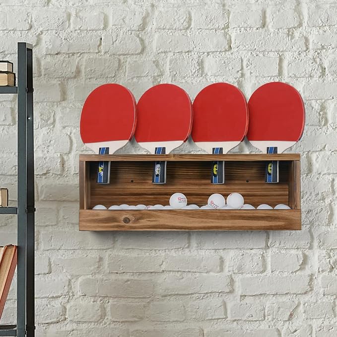Ping Pong Paddle Storage Rack - Table Tennis Racket Display Wall Mounted Holder for 4 Paddles and Balls in Bar, Game Room, Office Break Room, Garage, Bedroom, Home - Rustic Burnt