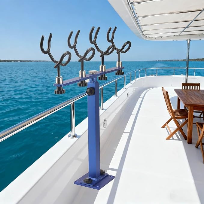 360 Degree Rotation & Adjustable Height Fishing Rod Holder with 4 Head, Marine Fishing Pole Rack with Mounting Plate, Multi-Functional Aluminum Fishing Rod Support for Wide Occasions
