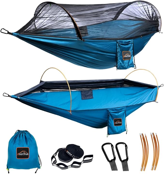 AnorTrek Professional Camping Hammocks with Mosquito Net, Lightweight Double for Camping, Hiking & Backpacking | Includes Two 10 FT Tree Straps, 230T Nylon Design