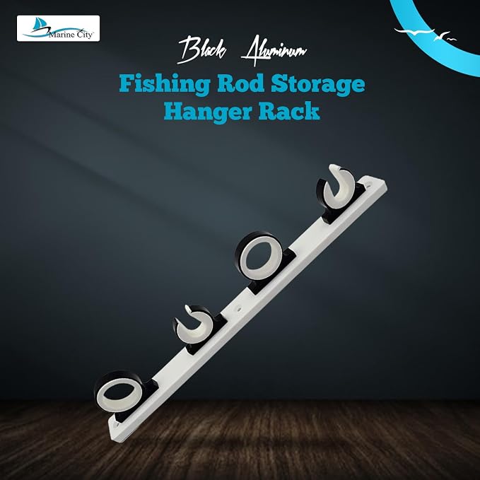 MARINE CITY 4-Rod Reel Fishing Rod Storage Hanger Rack with White Poly Board – Aluminum Black Powder Coating, Ideal for Marines, Boats, Vans, and Cars (Pack of 1)