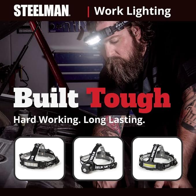 Steelman Pro Slim Profile LED Motion-Sensing Headlamp with Rear Safety Flasher, 3 Brightness Settings, 20m Beam, Water-Resistant, 3 AA Batteries