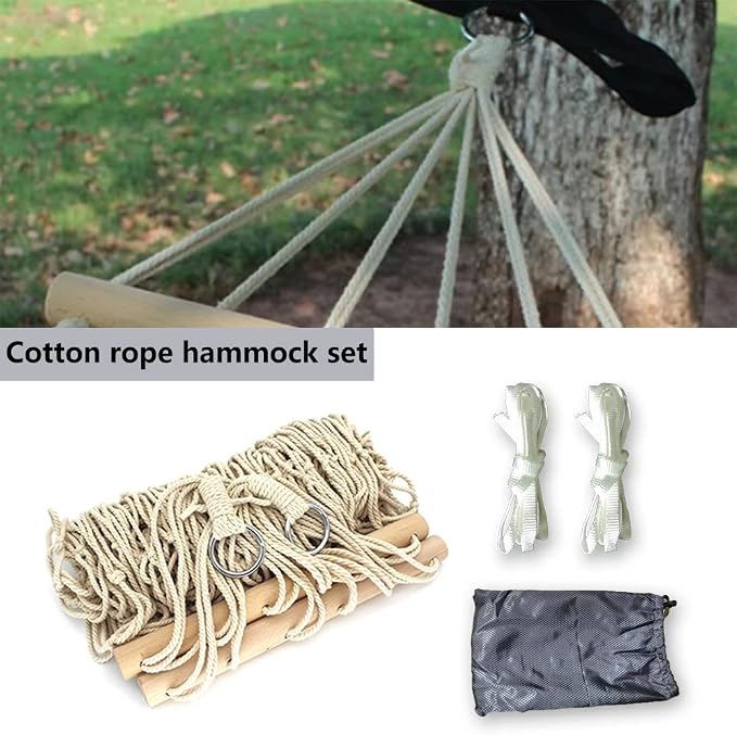 Cotton Rope Hammocks with Wood Spreader,Traditional Hand Woven Hammock for Outdoor, Indoor,Patio, Backyard,Accommodates One Person with a Weight Capacity of 220 lbs.