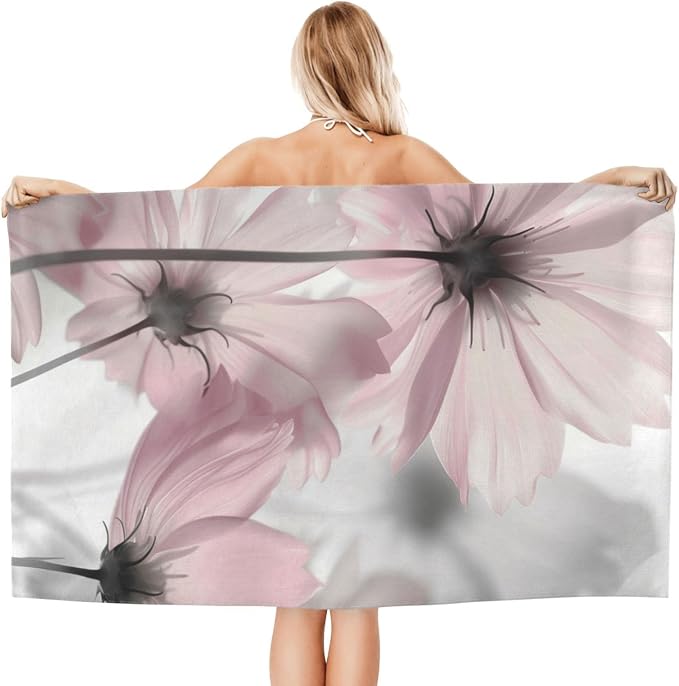 Abstract Pink Floral Beach Towel, 32x52in Microfiber Quick Dry Blossom Flower Bath Towels, Soft Lightweight Oversized Sand Free, for Travel Pool Swimming Gym Decor, Gifts