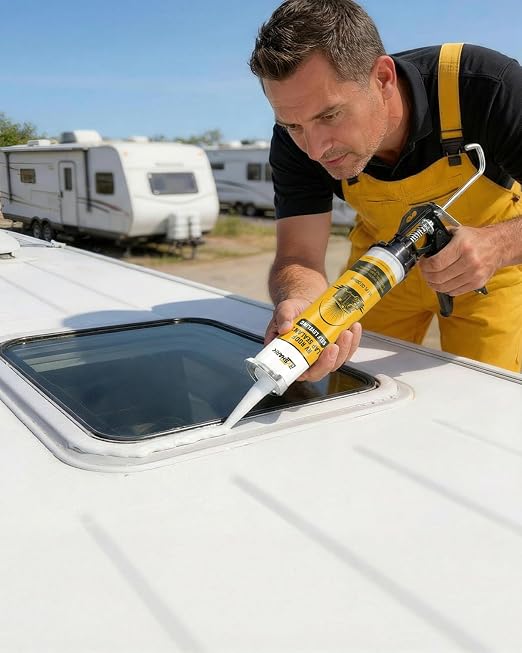 RV Roof Sealant 2 Pack, 30 Seconds Self Leveling Lap Sealant – White, Fast Curing Waterproof Flexible Caulk RV Sealant with Gloves for Camper Trailer Roofs Maintenance Repair