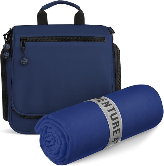 VENTURE 4TH Travel Toiletry Bag & Quick Dry Towel Set - Ideal for Camping, Hiking, Backpacking, Business Trips & European Trips - Blue, Medium