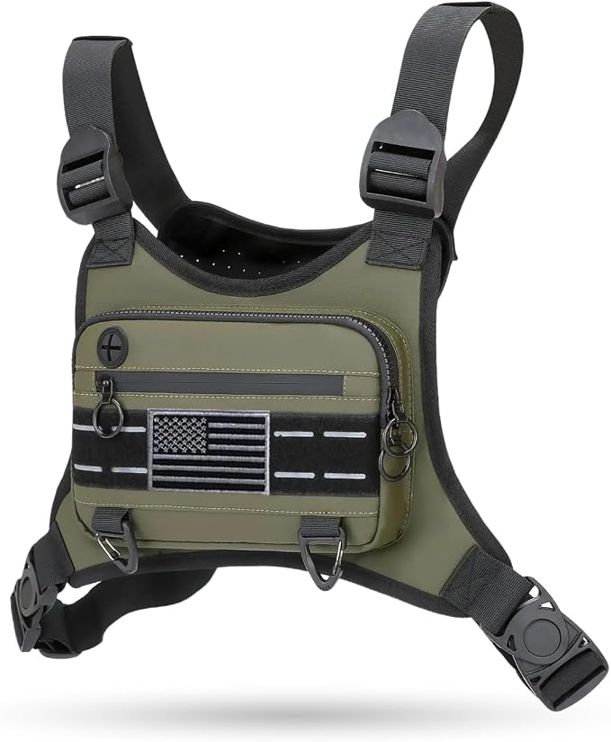 Muserise Sports Chest Bag For Men Women, Water Resistant Lightweight Front Chest Pack, Running Vest Bag With Built-In Phone Holder & Extra Storage For Workouts, Running, Cycling (Olive)