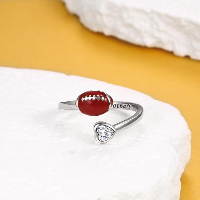 925 Sterling Silver Basketball Softball Baseball Football Tennis Racket Ring Adjustable Sports Jewelry Gifts for Women Player Mom