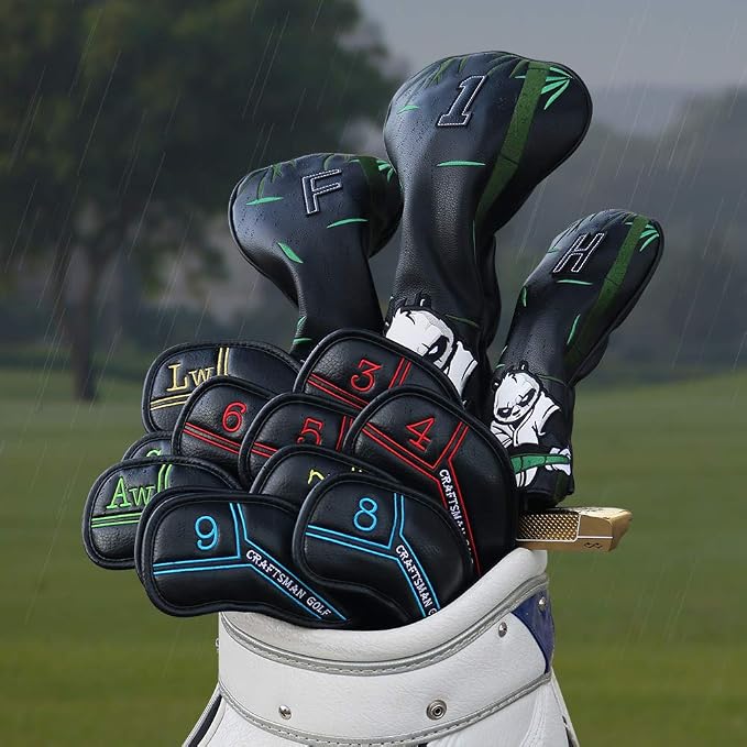 CRAFTSMAN GOLF 12pcs or 1pc Black Leather Golf Iron Head Covers Set Headcover Colorful Number Embroideried for Callaway Ping Taylormade Cobra Also Custom Version w/Your Name