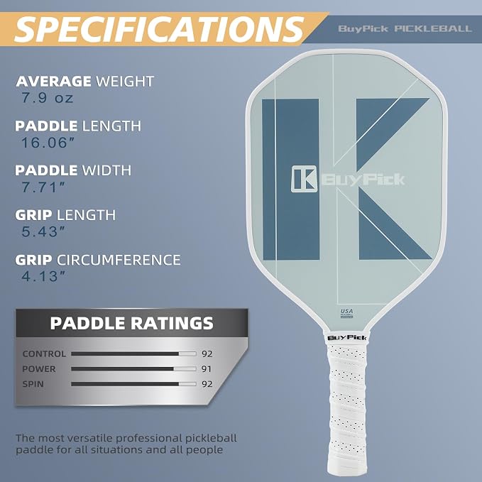 Pickleball Paddle, USAPA Approved, Lightweight & Wide, Carbon Fiber Surface, 16mm Thick, Anti-Slip Grip, Gift for Men