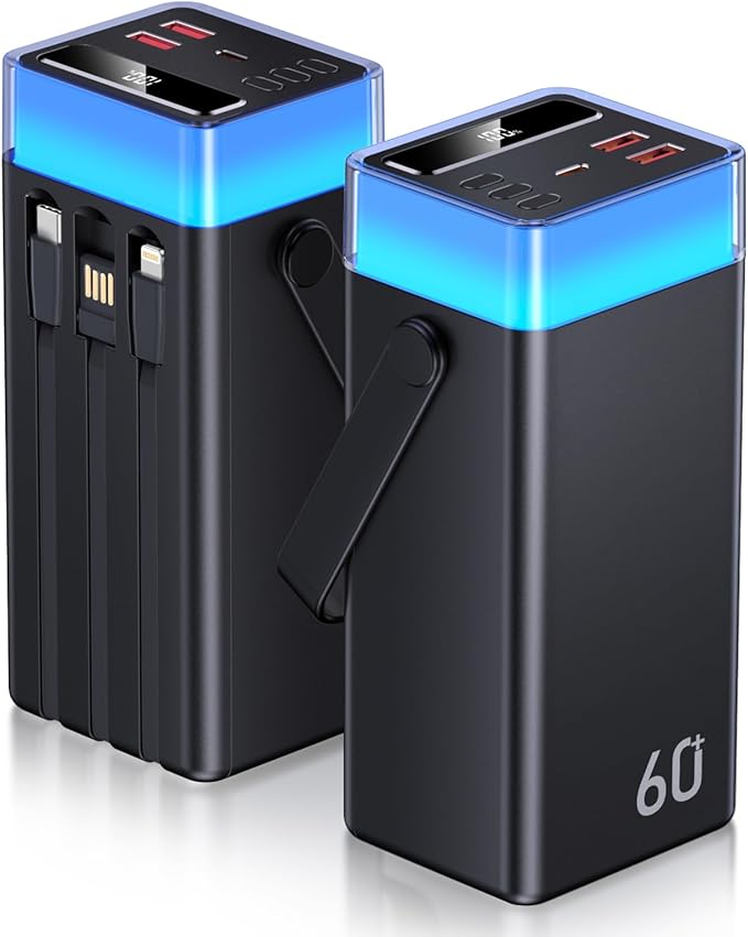 Portable Charger Power Bank 60000mAh, 22.5W USB-C Fast Charging Battery Pack with Built-in USB-C/iOS/Micro USB Cables, 5 Output & 2 Input PowerBank Compatible with iPhone 17 16 Android Samsung