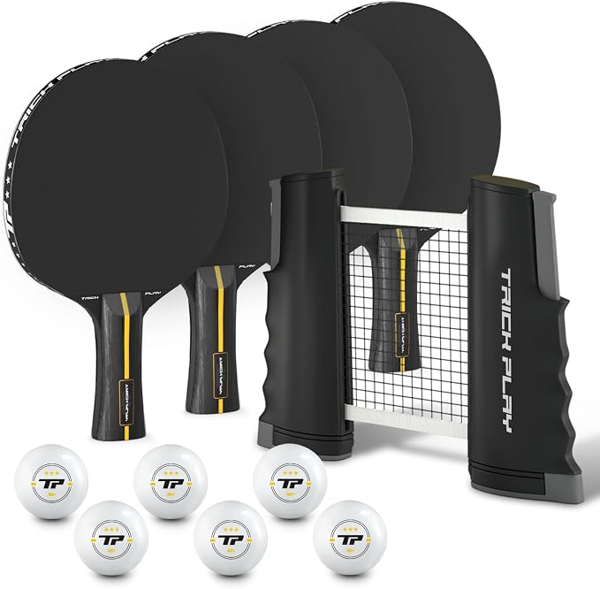 TRICKPLAY Professional Ping Pong Net for Any Table | Portable Anywhere Table Tennis Set with Retractable Net, 2 and 4 Paddle Set, 3-Star Balls, Fitted Storage Case