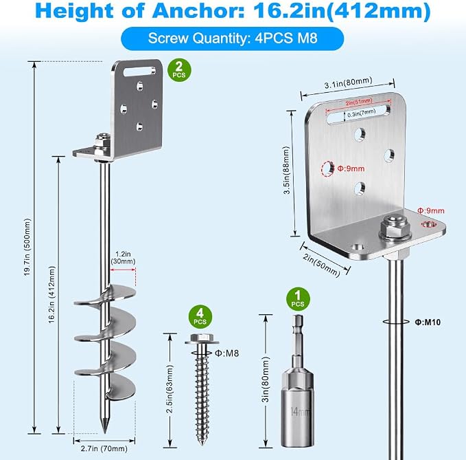 Insaga 18''/24''/30'' Ground Anchors Screw in Earth Anchor Solid Steel with L Bracket for Trampoline Mobile Home Swing Set Shed Carport Tent Stakes, Wider Helix Blade & Chrome Plated Finish, 2/4/6Pcs