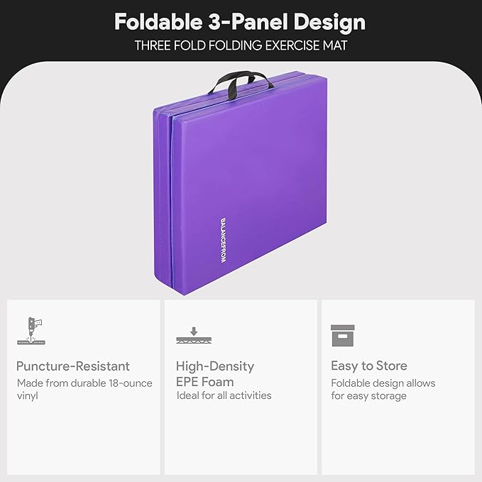 BalanceFrom 6x2 Feet 3-Panel Folding Gymnastics Mat – 2-Inch Thick Pad with Vinyl Surface and Carrying Handles for Tumbling, Yoga, Pilates, Home Workouts, and Martial Arts