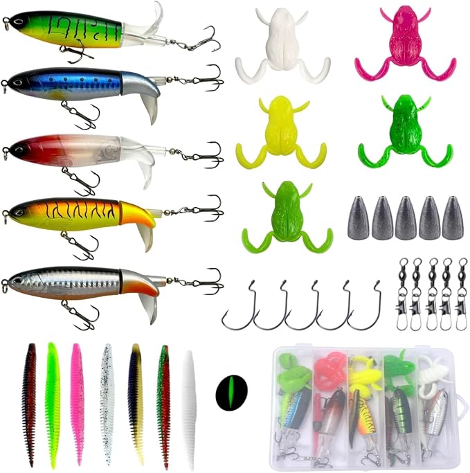 Topwater Fishing Lures Set with Storage Box,Mixed Artificial Lures Kit- Whopper Popper for Bass, Catfish, Pike & Perch, Floating Pencil Bait with Rotating Tail for Freshwater & Saltwater