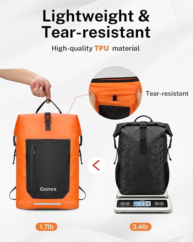 Gonex Ultralight Waterproof TPU Backpack, 55L Roll Top Dry Bag with Comfortable Padded Back Panel for Kayaking Boating Camping Fishing Travel,Orange