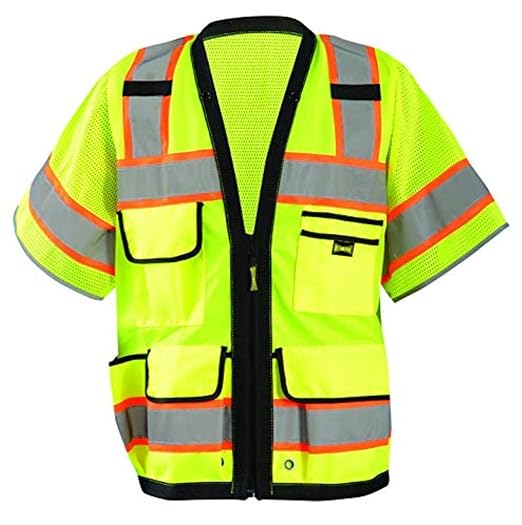 OccuNomix LUX-HDS2T3-YS Heavy Duty Solid/Mesh Two-Tone Surveyor Vest with Zipper, 8 Pockets, Class 3, 100% ANSI Polyester, Small, Yellow (High Visibility)