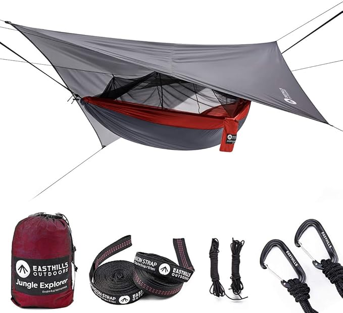 Easthills Outdoors Jungle Explorer 118" x 79" Double Camping Hammock Lightweight Ripstop Parachute Nylon 2 Person Hammocks with Removable Bug Net, Tree Straps and Tarp Gray