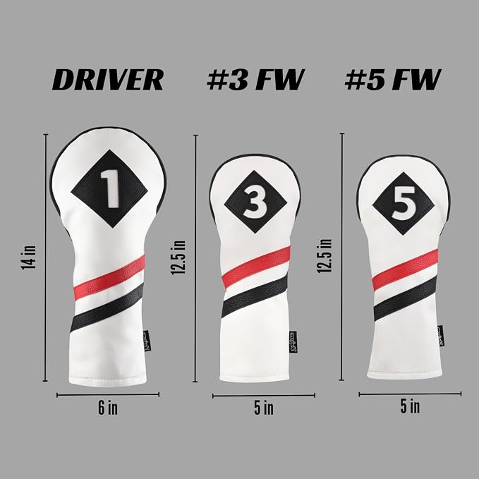Majek Retro Golf Headcovers White Red and Black Vintage Leather Style 1 3 5 Driver and Fairway Head Covers Fits 460cc Drivers Classic Look