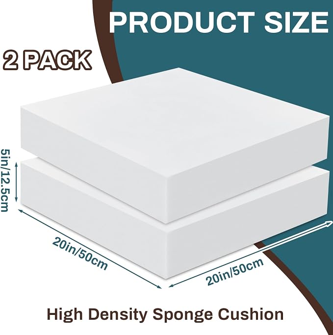 Frienda 2 Pack 5" X 20" X 20" Upholstery High Density Foam Cushion Replacement Square Cut to Size Foam Couch for Chair Couches Padding Shipping Packing DIY Cosplay Projects(White)