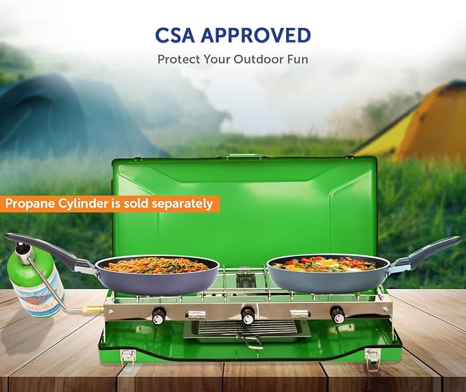 Flame King YSNBBQ-136M 3-Burner Portable Camping Stove Grill w/Toast Tray, Great for Outdoor Cooking, Backpacking, Hiking, & Emergency, Compatible with 1LB Propane Gas Bottle