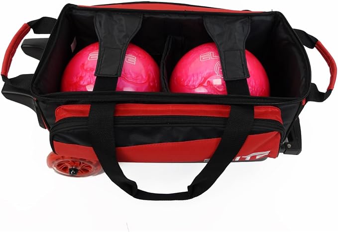 ELITE Deluxe 2 Ball Bowling Bag with 5" Smooth Wheels - Large Accessory Pocket, Shoe Compartment, 36" Extendable Handle
