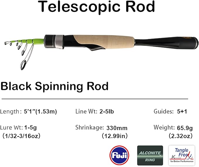 PURELURE Telescopic Fishing Rod Ultralight/Light, Portable Travel Rod 5'9'' | Carbon Fiber Rod Spinning & Casting, FUJI Alconite Ring and Reel Seat, One-Piece Mixed Carbon/4A Cork Handle, Spare Solid Tip
