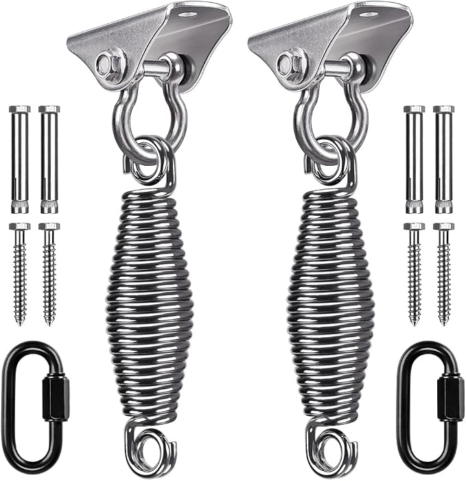 SELEWARE Porch Swing Hanging Kit, Stainless Steel Swing Hangers with Spring, Heavy Duty Ceiling Mount Swing Hooks for Indoor Outdoor Porch Swing, Hammock, Swing Chair, Sandbags, 2 Pack