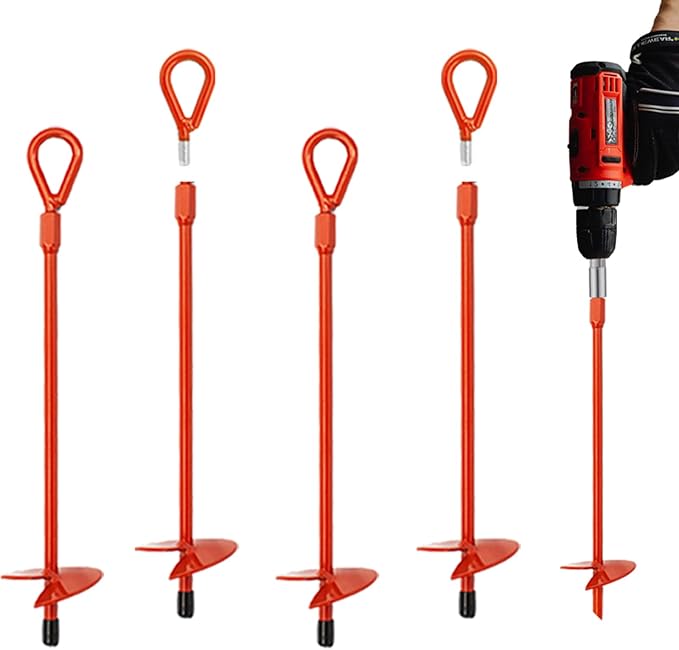 MAXCCINO 4 Pack 15" Ground Anchors Screw in with Drill, Heavy Duty 3" Wide Helix Spiral Earth Anchors for Camping, Tents, Sheds, Swing Sets, Car Ports, Canopies, Shelters, High Wind Trampoline Anchors