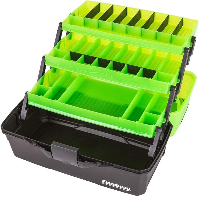 Flambeau Outdoors 6383 3-Tray Tackle Box, 32 Compartments, Frost Green | Cantilever 3-tray box, 32 compartments with 13 removable dividers, bulk base storage, Draw Tite latch, frost green