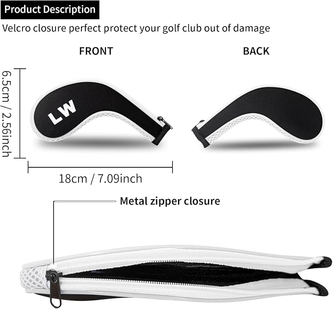 Golf Club 12pcs Thick Synthetic Zipper Long Neck Set Headcover Fit The Most Brands, Side Number Golf Iron Club Head Cover LW SW PW Covers #3,4,5,6,7,8,9