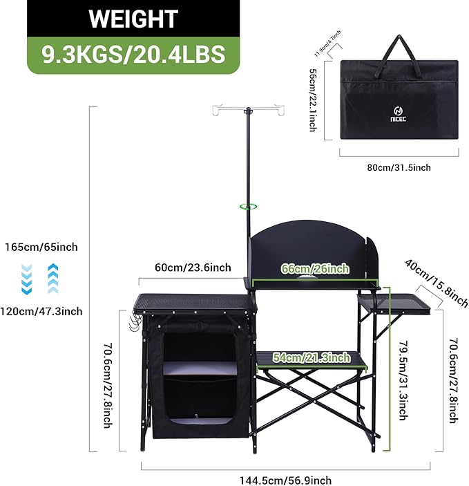 Nice C Camping Kitchen Station, Picnic Portable Grill Table, Folding Cook Station Organizers, with Upgrade Light Stand, Windshield, Carry Bag for Outdoor, Beach, Picnic (Black)
