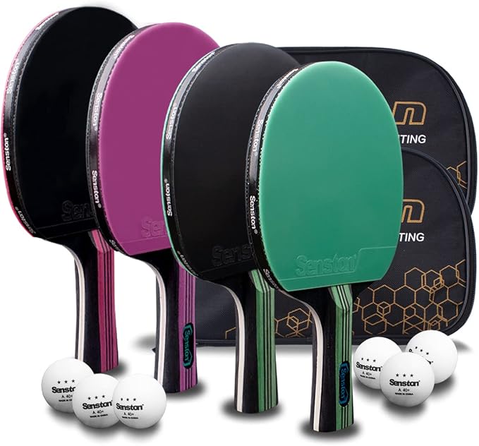 Senston 5-Ply Ping Pong Paddles Set – Premium Wood Table Tennis Set of 4 with 6 Balls & Portable Carry Case – High-Control 2mm Sponge & Ergonomic Non-Slip Grip for Beginners & Family Play
