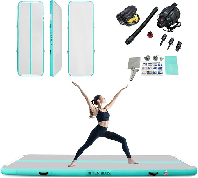 Air Gymnastics Mat Inflatable & Tumbling Mat – 4/8 Inches Thick with Electric Pump + Free Foot Pump – Ideal for Home, Gym, Water, and Beach Use
