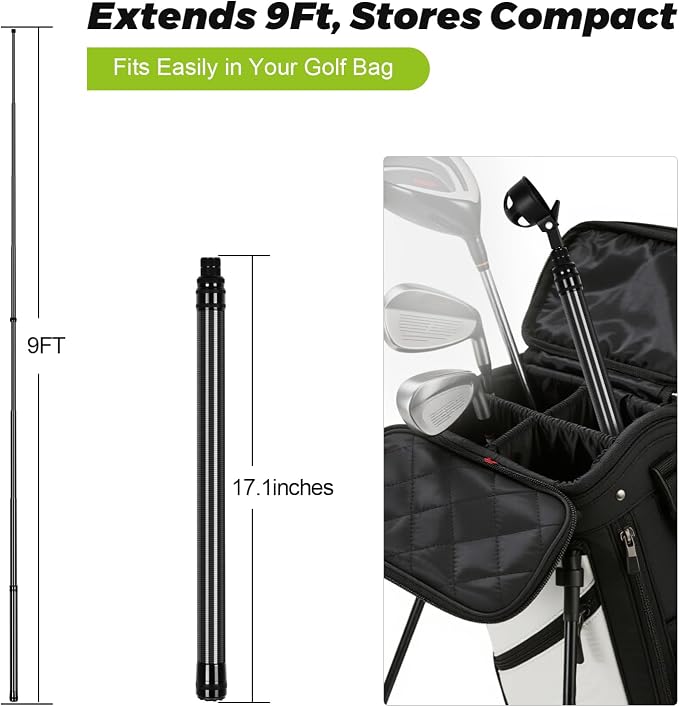 Carbon Fiber Golf Ball Retriever Telescopic 9FT, Lightweight Anti-Rust Extendable Ball Retriever Tool Golf for Water, Pond, Underneath Bushes, Shallow River, GolfBall Grabber Tool for Golfers