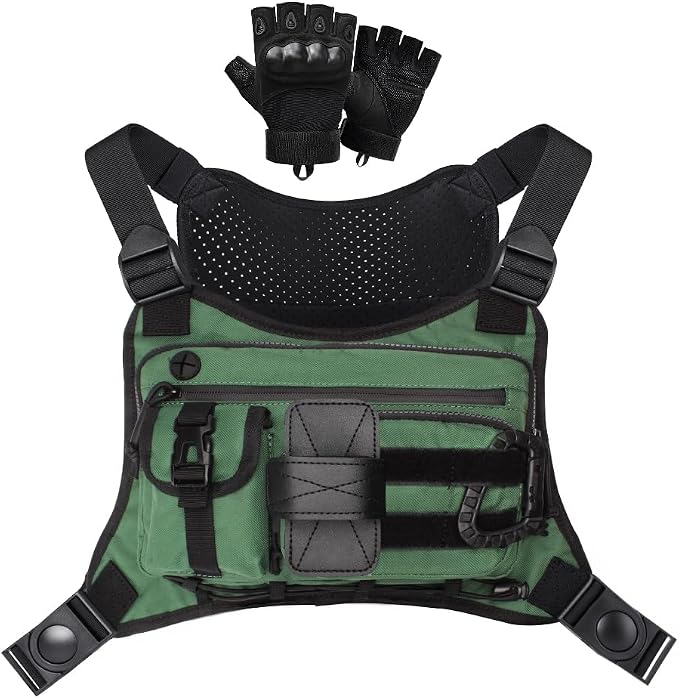 Outdoor Sports Chest pack for men with Gloves, EDC Chest bag for Travel, Lightweight Chest Rig Pouch, Tactical Running Chest Vest for Hiking, Cycling, Fitness, Motorcycle Riding, Workouts
