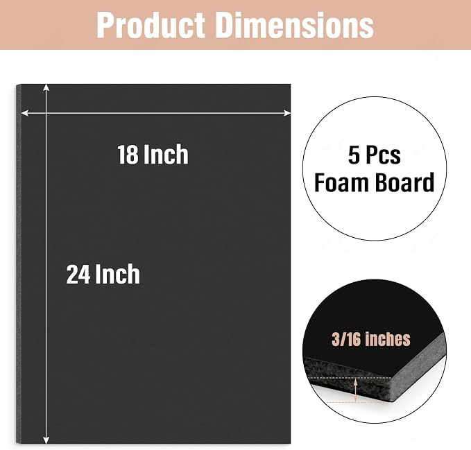 Golden State Art, Acid Free 5 Pack 18x24 Black Foam Boards Foam Core Poster Board, 3/16'' Thick Polystyrene Foam Sheet for Projects, Mounting, Crafts, Art and Presentations