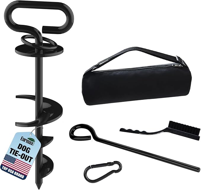 Eurmax USA Heavy Duty Dog Tie Out Stake, No-Tangle In Ground Anchor Runner for Large Dogs up to 210 Lbs - Perfect for Yard, Beach and Camping (Black)