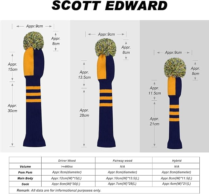 Scott Edward Golf Headcover Set of 5 PCS, Driver Wood Cover *1, Fairway Wood Cover *2, Hybrid Cover * 2, with Rotating Number Tags
