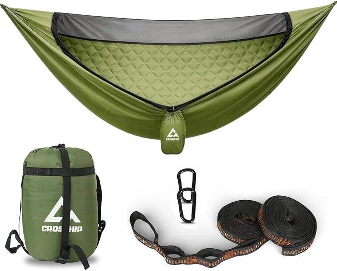 Camping Hammock with Mosquito Net with Built-in Underquilt - Built-in Quilt for Lightweight Soft Warm 4 Seasons, Great for Hiking Backpacking Camping Travel(Hold Up to 500lbs) - Olive Green