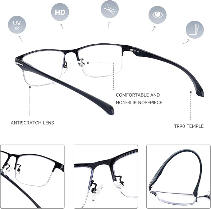 SKYOAK 2 Pack TR90 Premium Reading Glasses for Men, Half Frame No-Line Blue Light Blocking Computer Readers Anti Glare UV Eyeglasses Clear Vision, Black and Gunmetal +1.25x