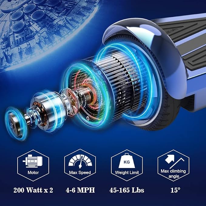 Starship Electric Hoverboard with Bluetooth Speaker, Chrome Color Self Balancing Scooters with Science Fiction Design and 6.5 inch LED Wheels (Chrome Blue)